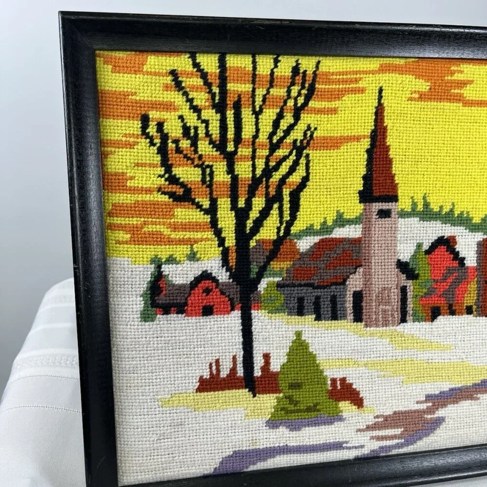 Vintage MCM Needlepoint Landscape Of Church Village Framed 17” X 12” Winter